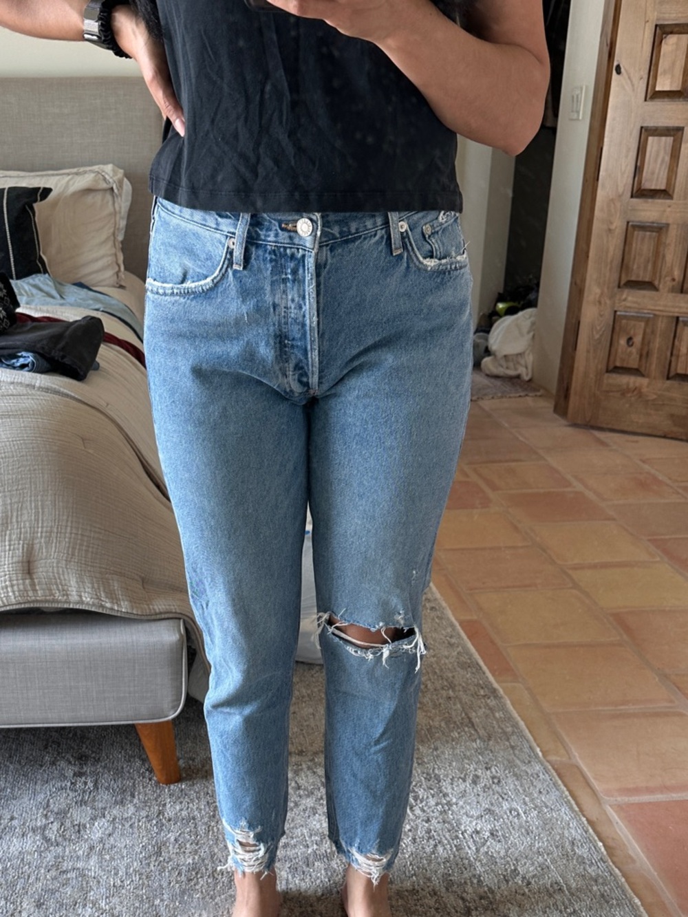 Agolde Light Blue Mid-Rise Cropped Distressed Jeans